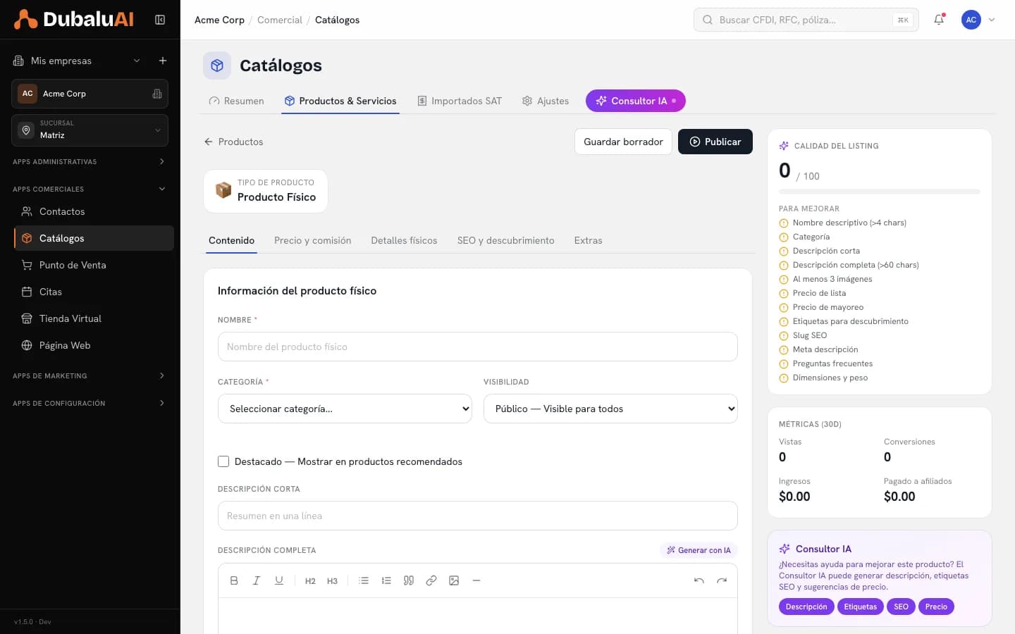 Formulario de alta de producto con las secciones de contenido, precio y comisión, detalles físicos, SEO y extras