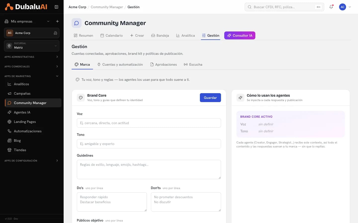Configuración del Brand Core con voz, tono, guidelines y listas de do's y don'ts
