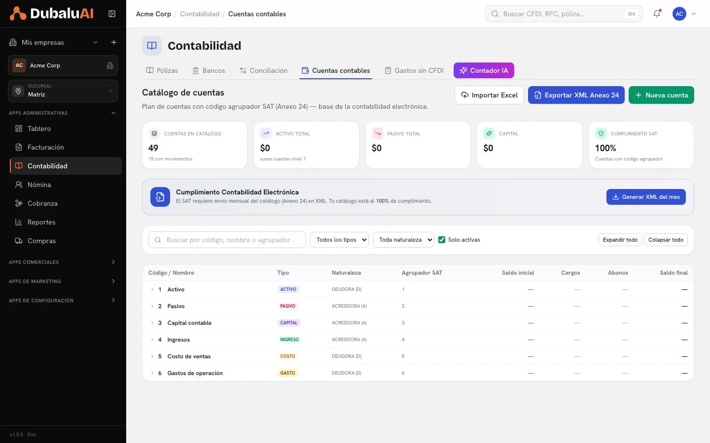 Catálogo de cuentas contables con código agrupador SAT, tipo, naturaleza y saldos
