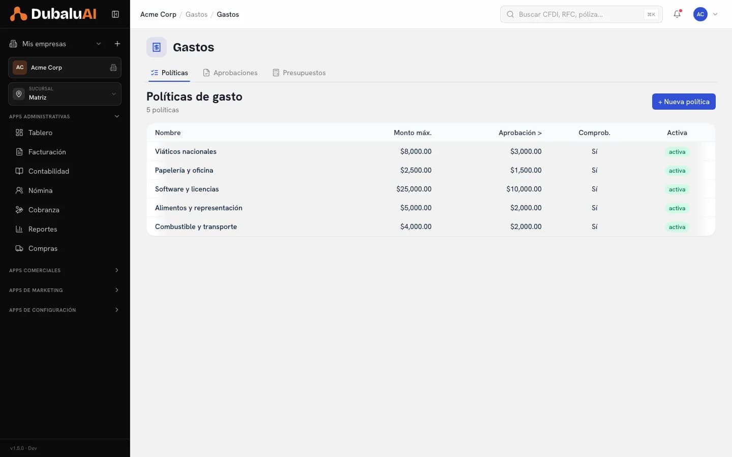 Políticas de gasto con monto máximo, umbral de aprobación y requisito de comprobante por categoría