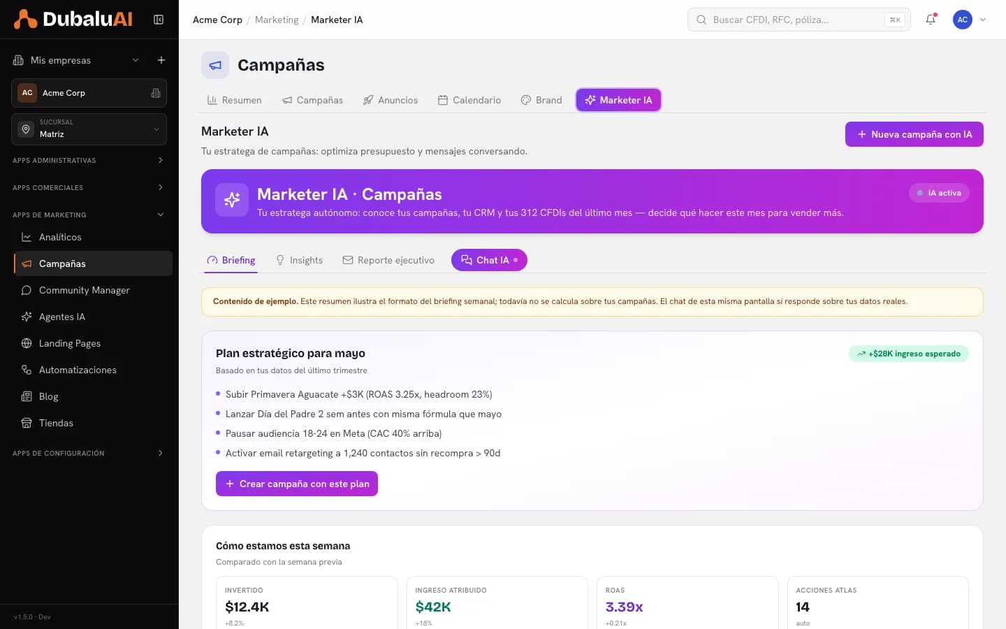 Briefing del Marketer IA con el plan estratégico del mes y los indicadores de la semana