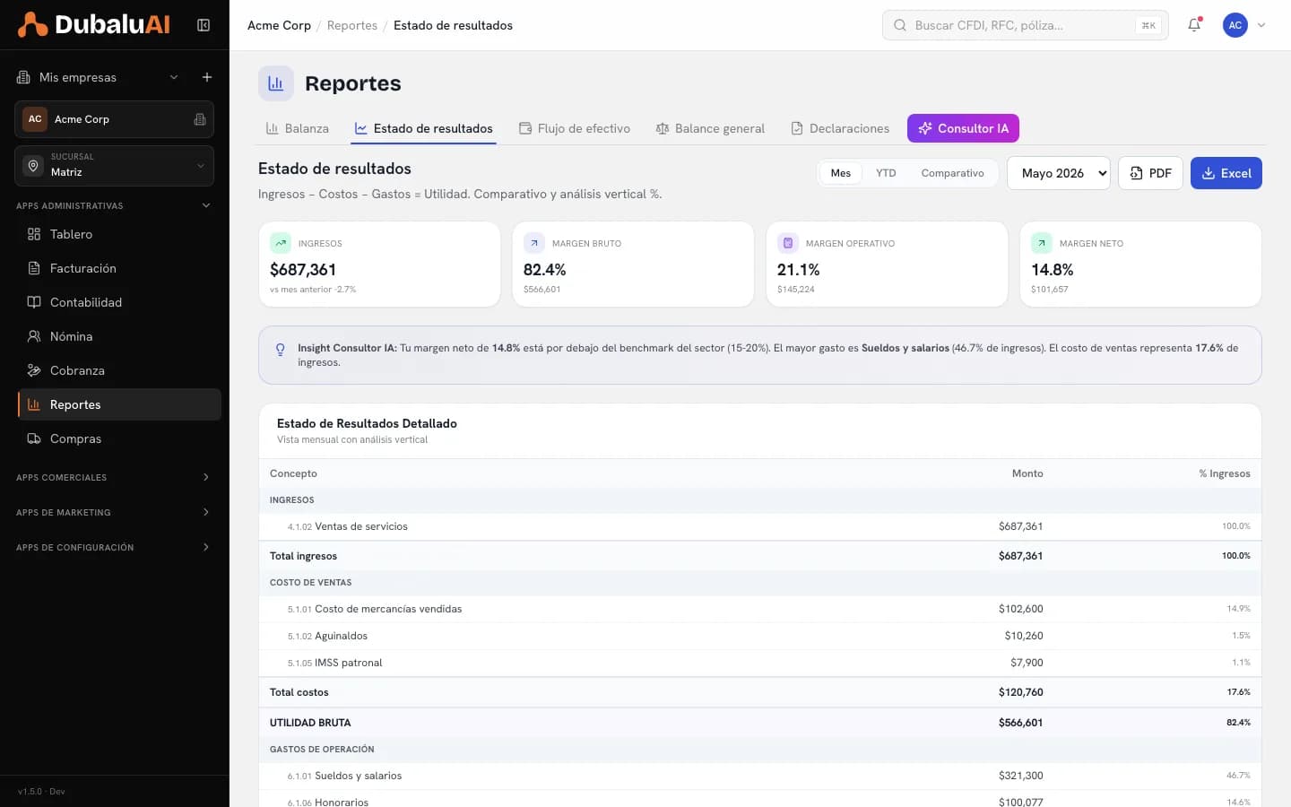 Estado de resultados con márgenes bruto, operativo y neto, análisis vertical e insight del Consultor IA