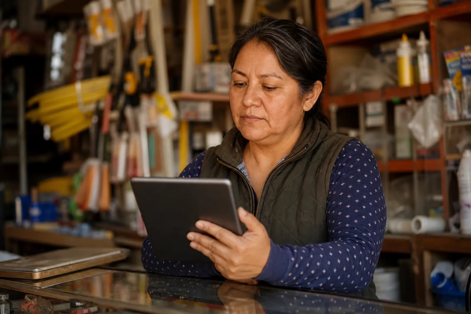 Dueña de una ferretería probando el sistema en su tablet detrás del mostrador