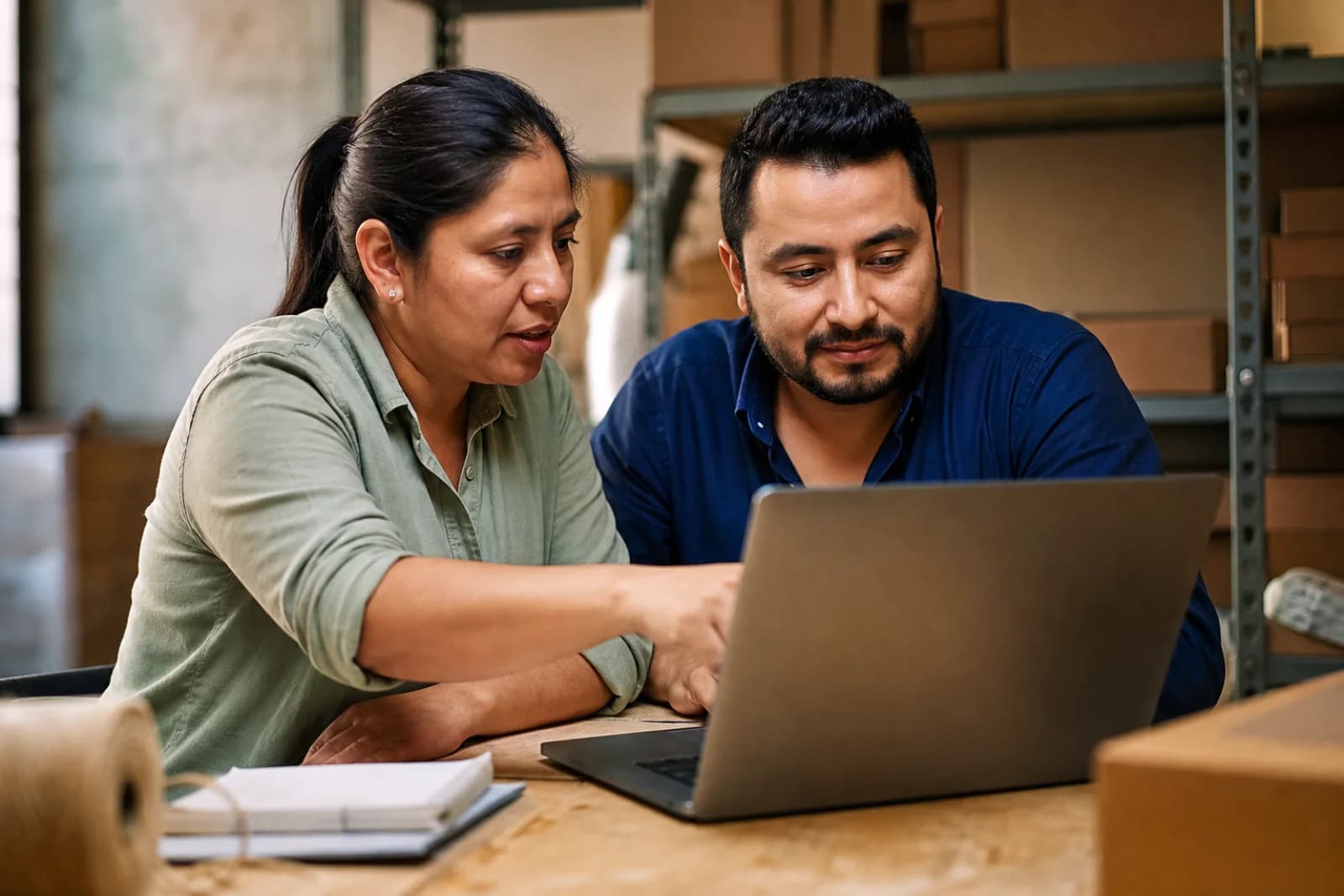 Dos compañeros frente a una laptop, una de ellos señalando la pantalla para explicarle al otro