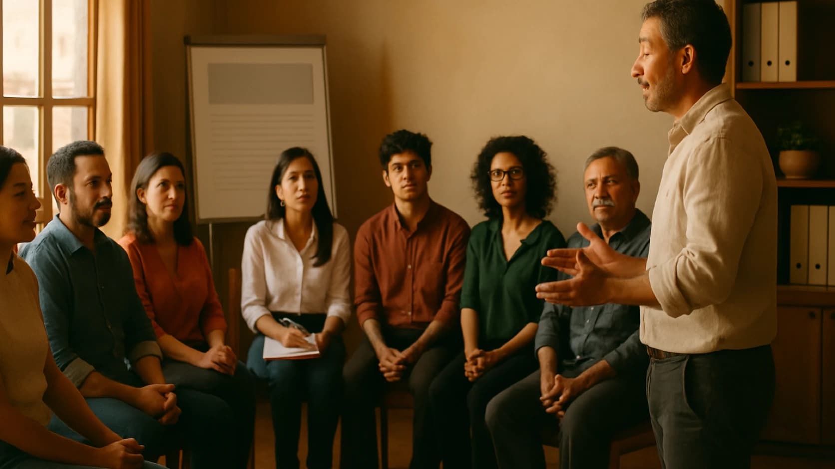 Reunión de una asociación profesional, ocho personas escuchando a quien habla