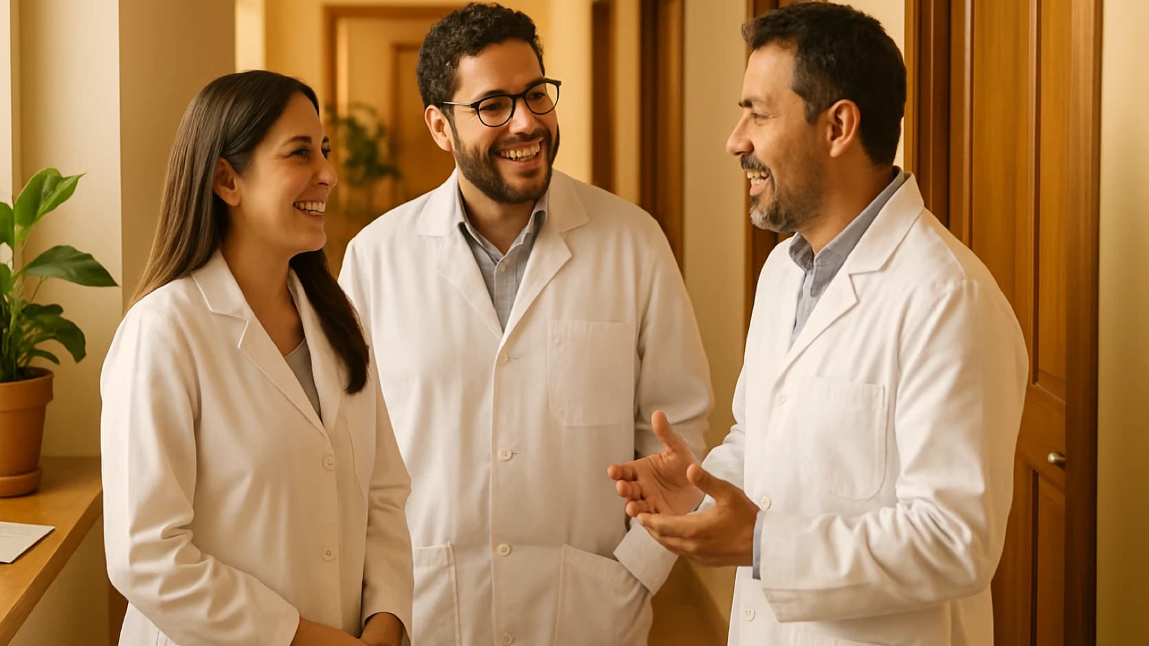 Tres médicos conversando en el pasillo de una clínica entre consultas