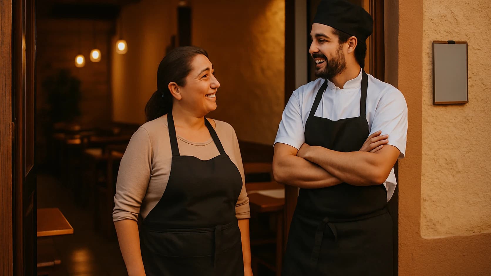 Dueño y chef conversando en la puerta de su restaurante antes del servicio
