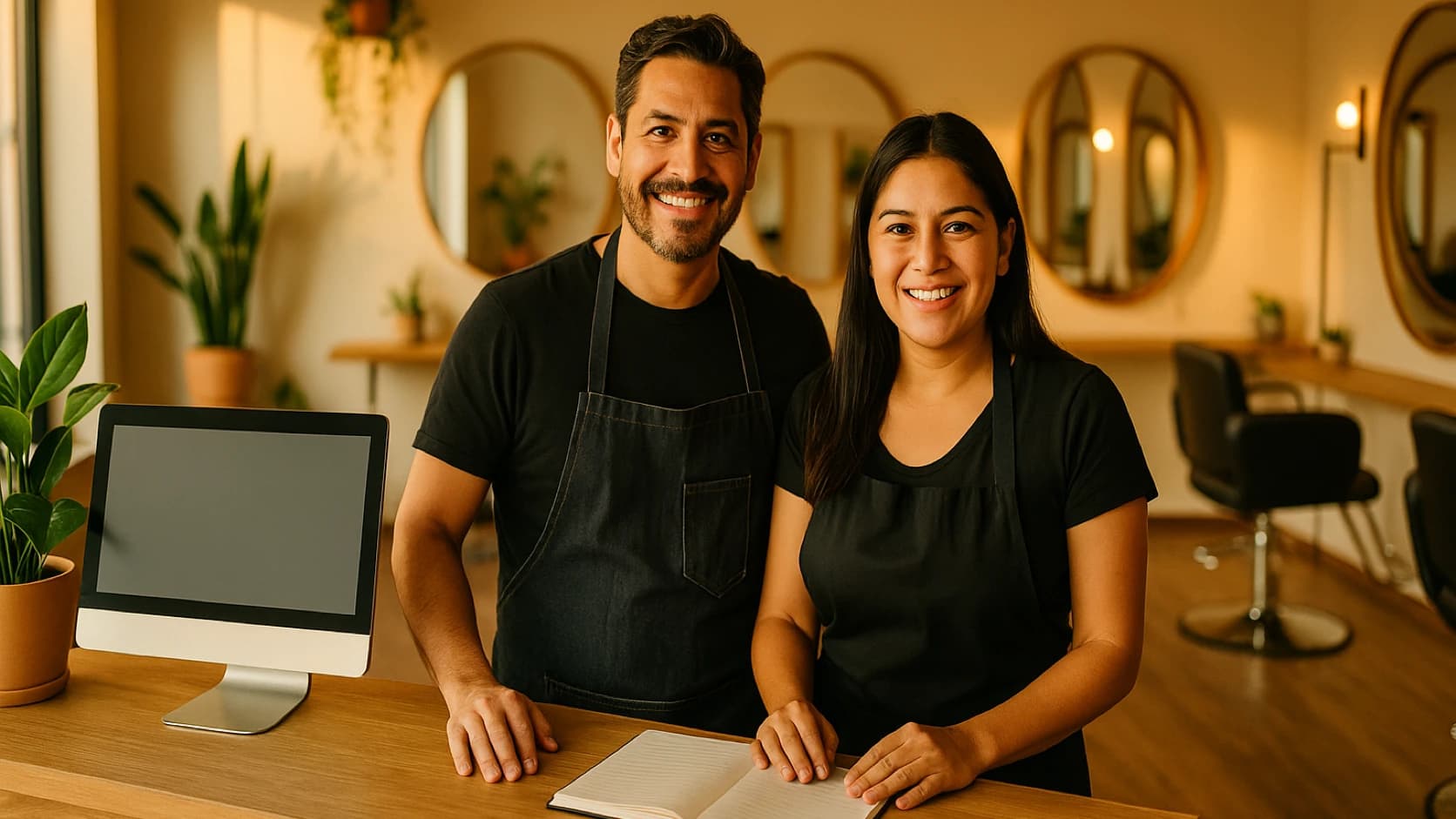 Dos dueñas de salón comparando notas en la recepción de su local