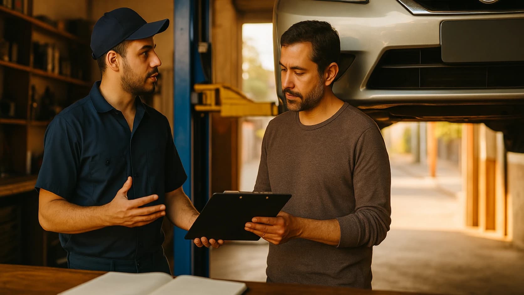 Mecánico explicándole algo al dueño de un auto en un taller iluminado
