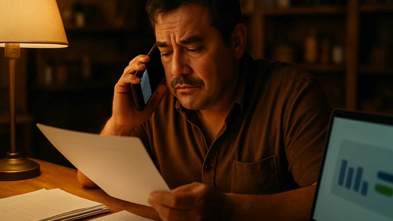 Dueño de negocio revisando papeles de noche con el teléfono en la mano