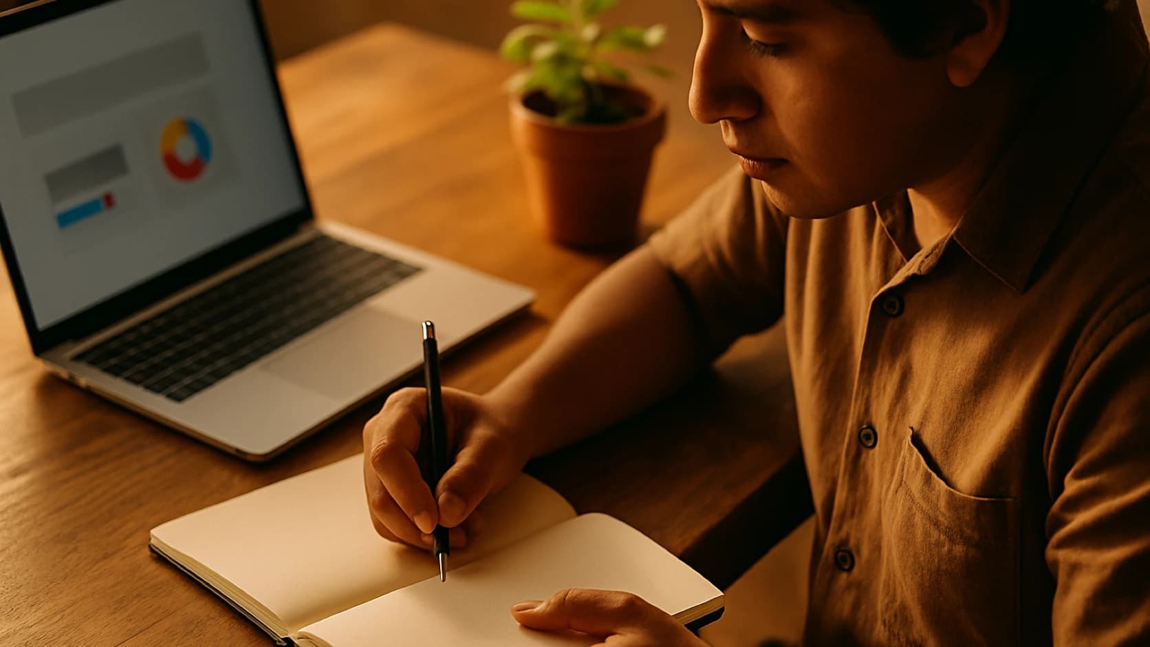 Persona escribiendo en su libreta junto a la laptop por la mañana