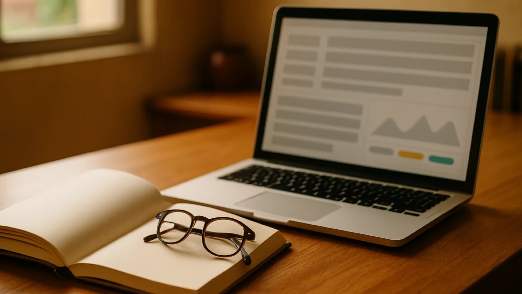 Escritorio con un libro de consulta abierto junto a la laptop