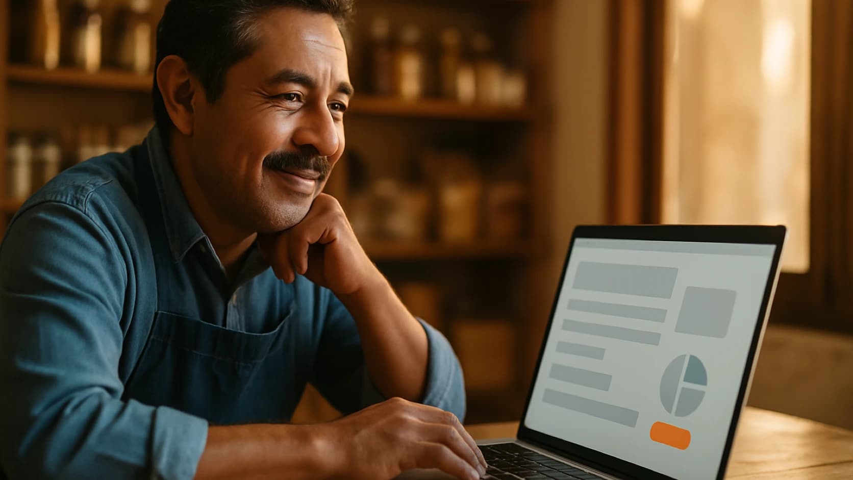 Dueño de negocio viendo su nueva página en la laptop