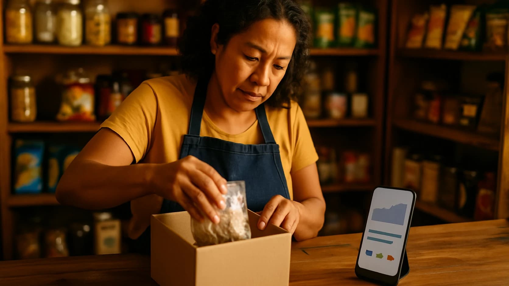 Comerciante empacando un pedido en el mostrador de su tienda