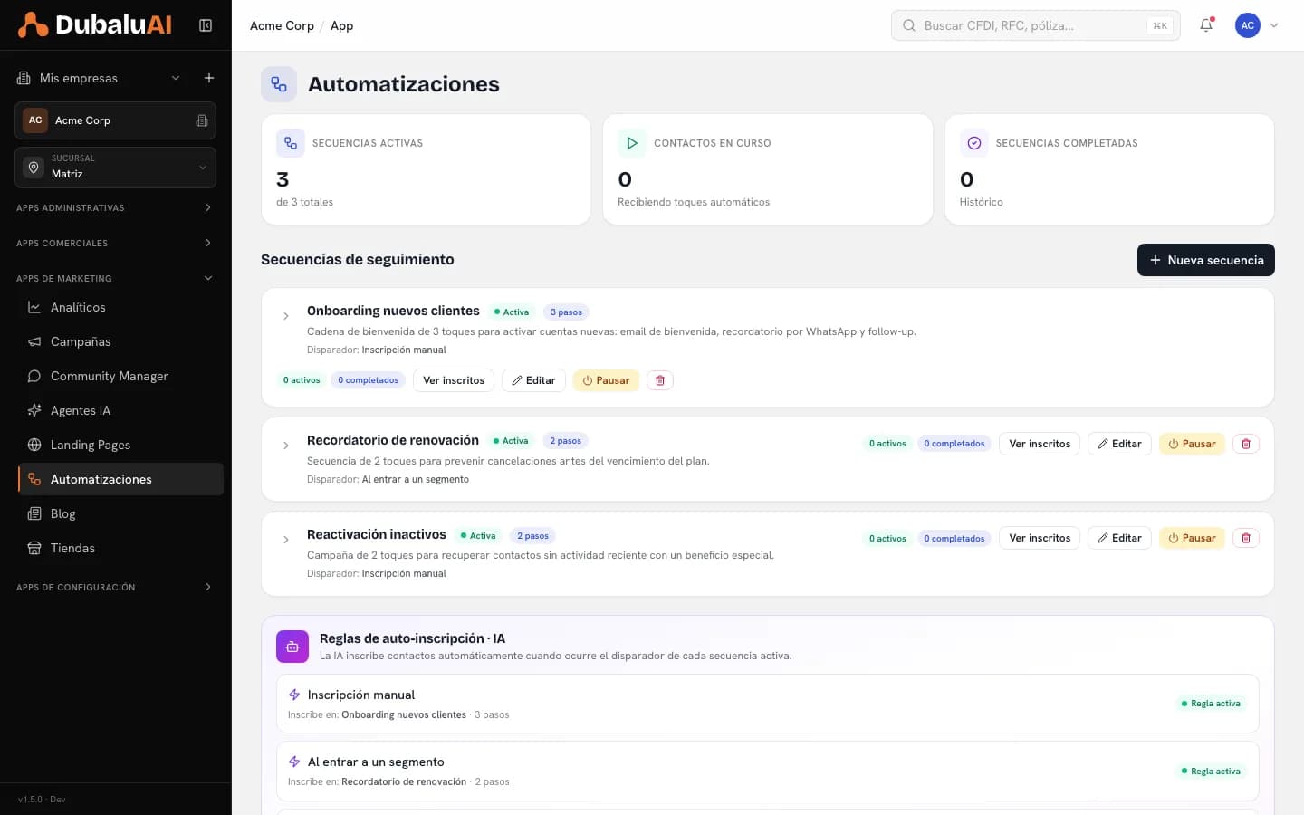 Panel de automatizaciones con secuencias activas, contactos en curso y secuencias completadas