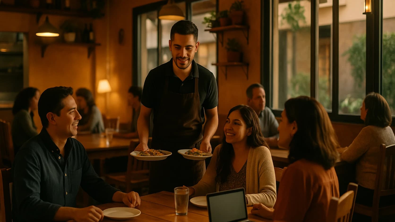 Mesero llevando platos a una mesa en un restaurante de barrio