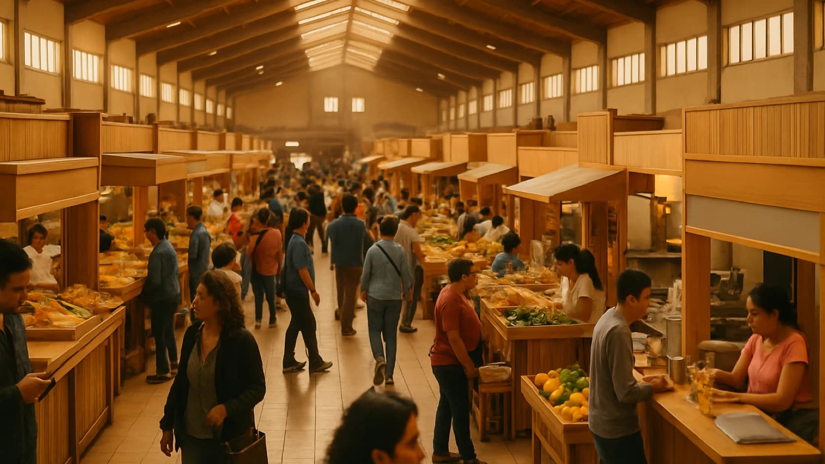 Mercado techado con muchos puestos y clientes circulando