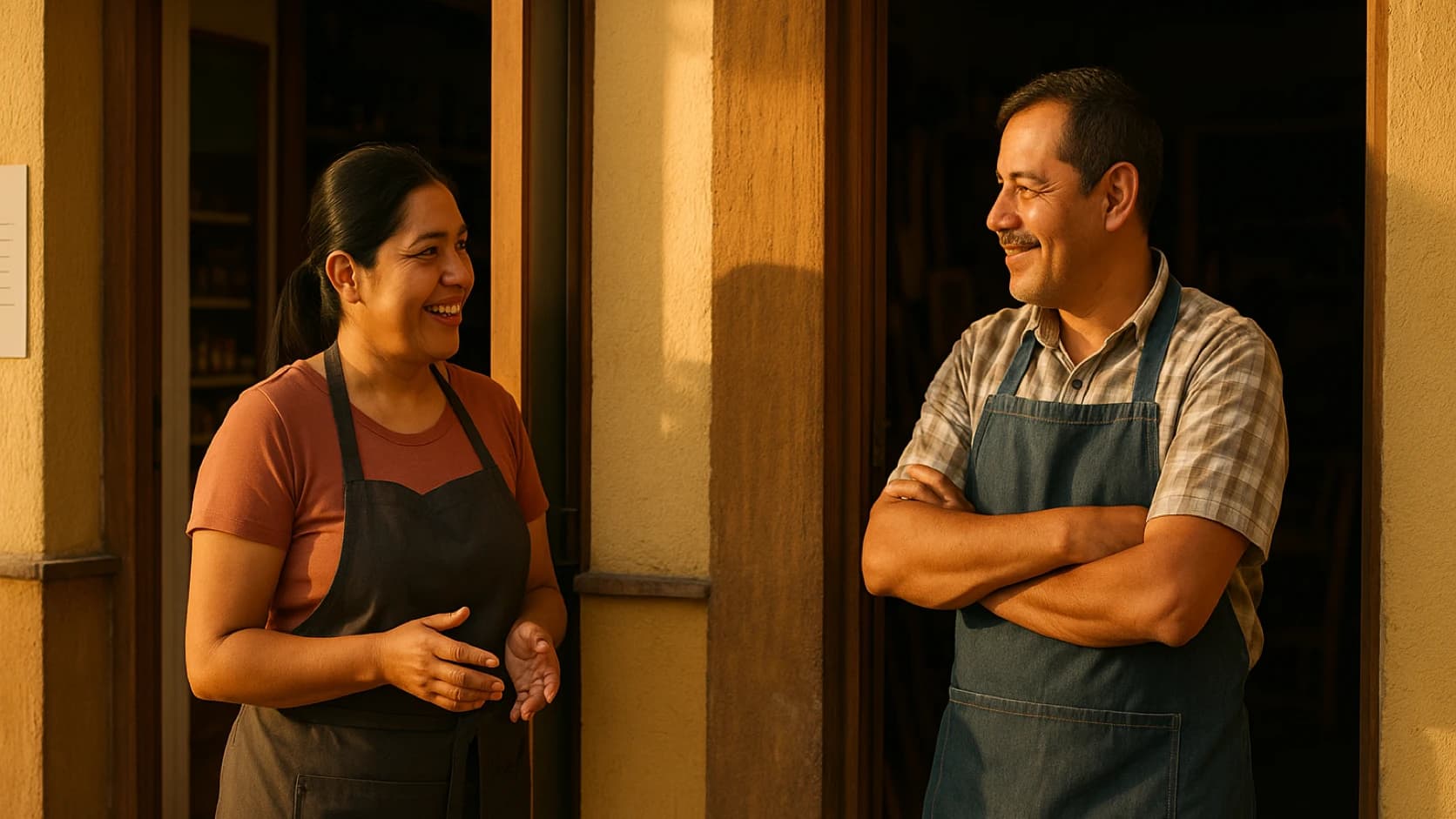 Dos dueños de negocios de distinto giro conversando afuera de sus locales