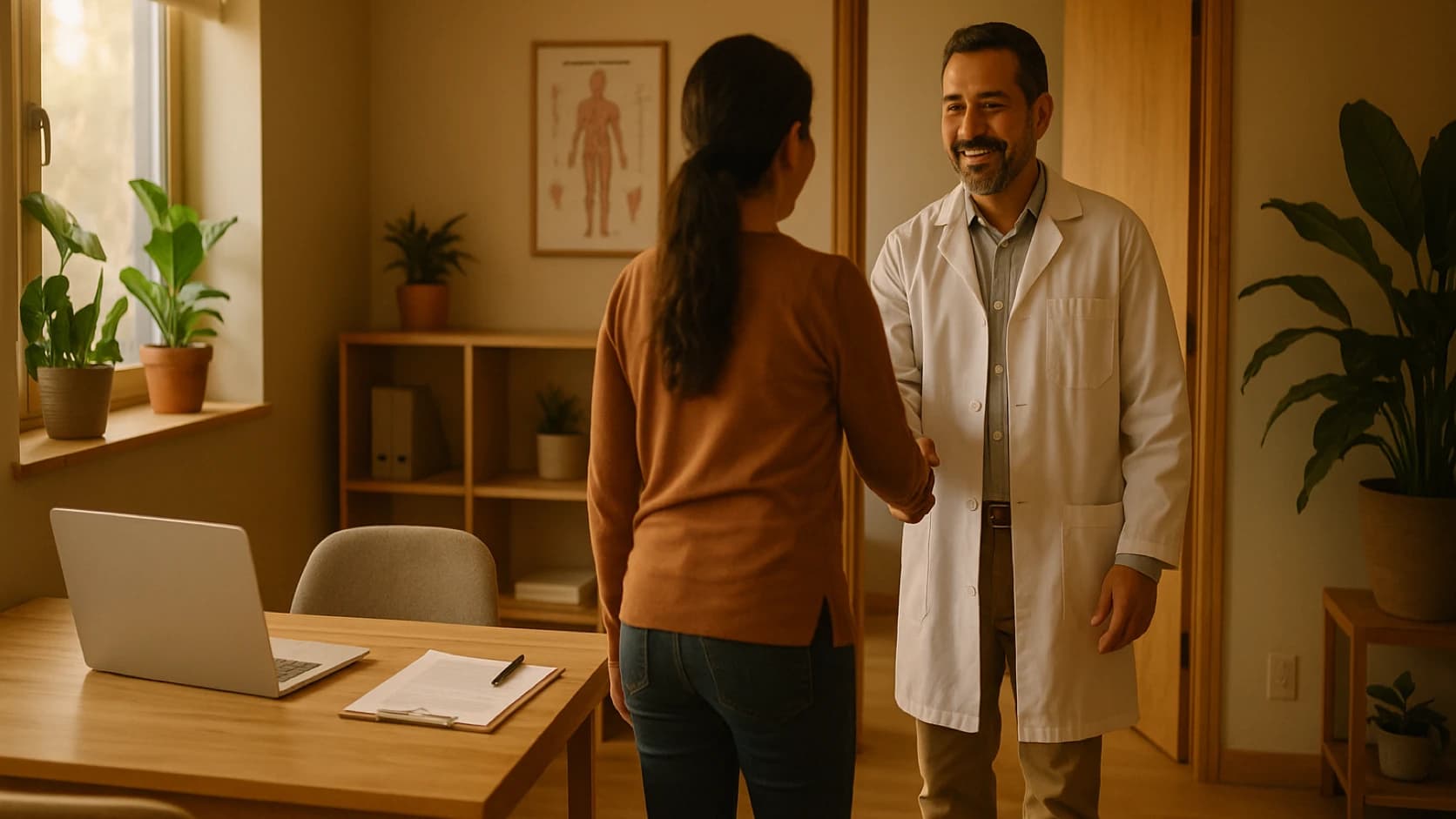 Médico recibiendo a un paciente en la puerta de su consultorio