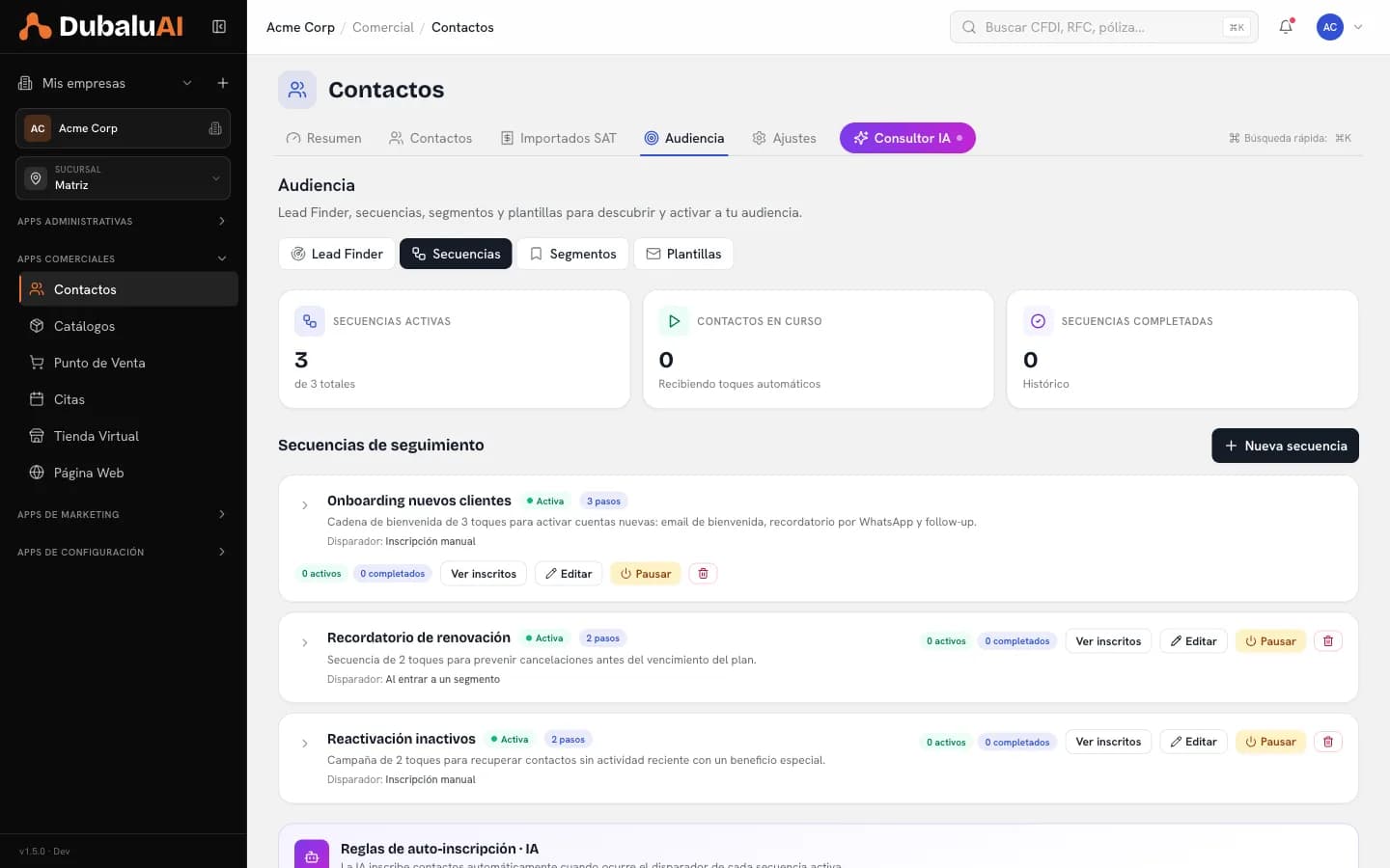 Secuencias de seguimiento del CRM de DubaluAI con sus pasos, su disparador y su estado