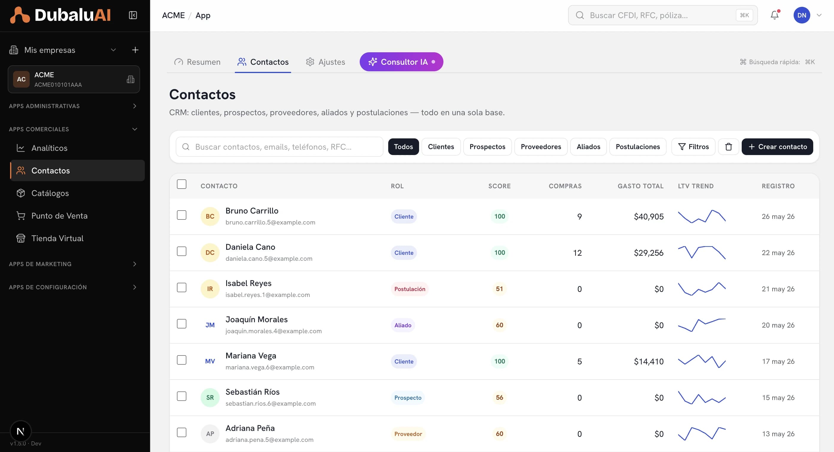 Listado de contactos del CRM de DubaluAI: personas y empresas con RFC, WhatsApp y etiquetas