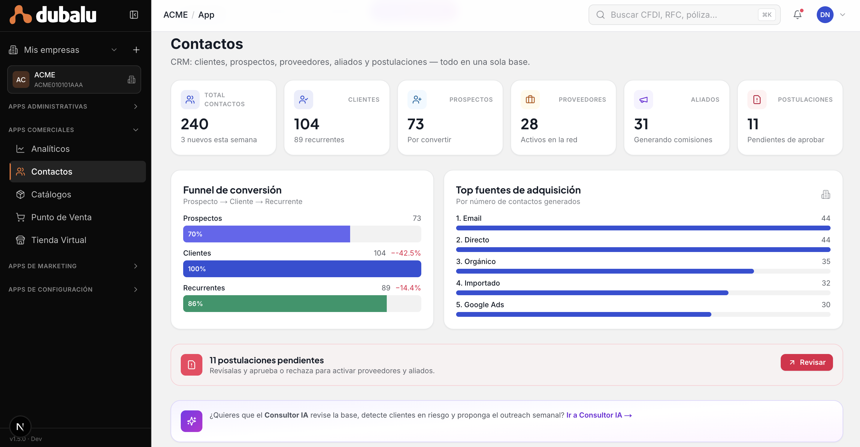 Pantalla de la app de Contactos / CRM de DubaluAI