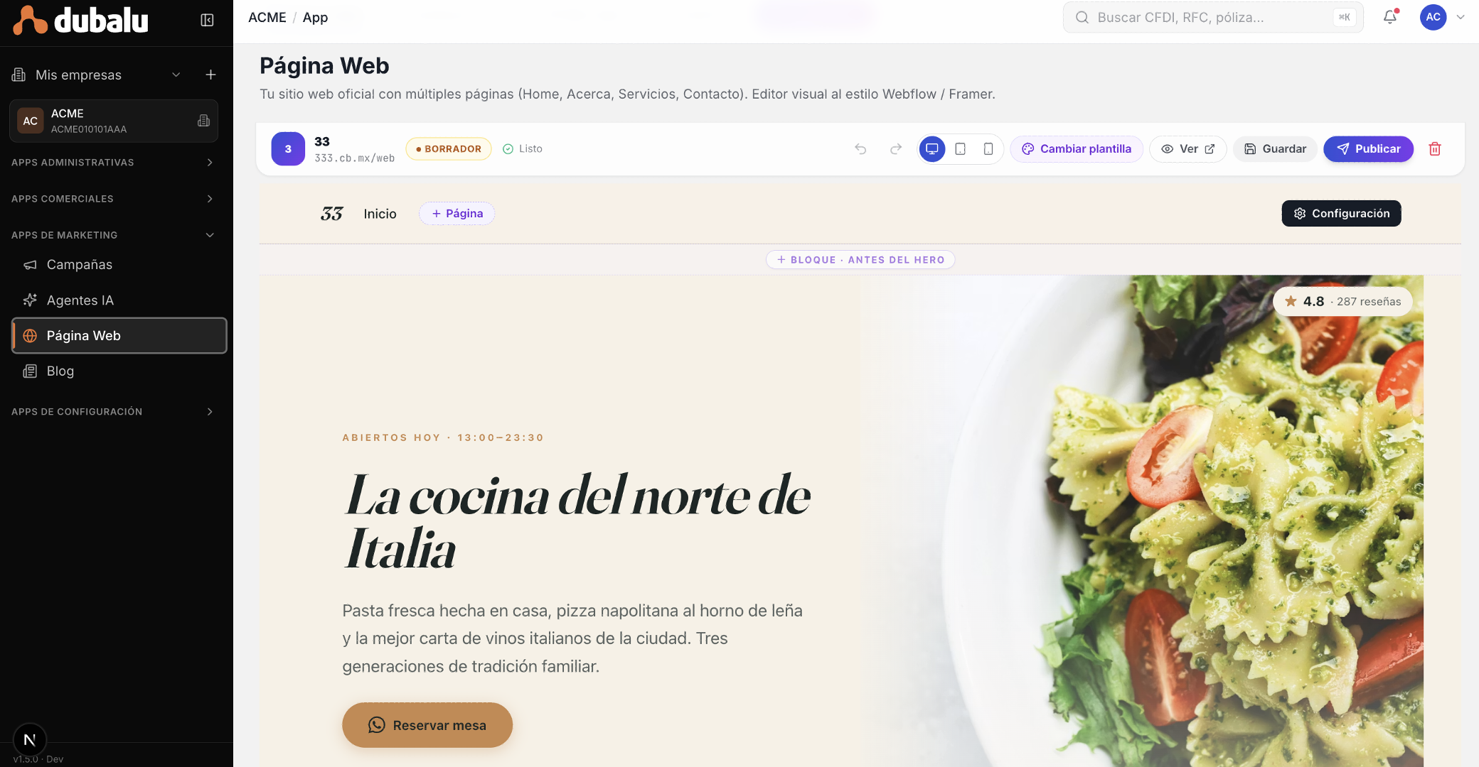 Pantalla de la app de Página Web de DubaluAI