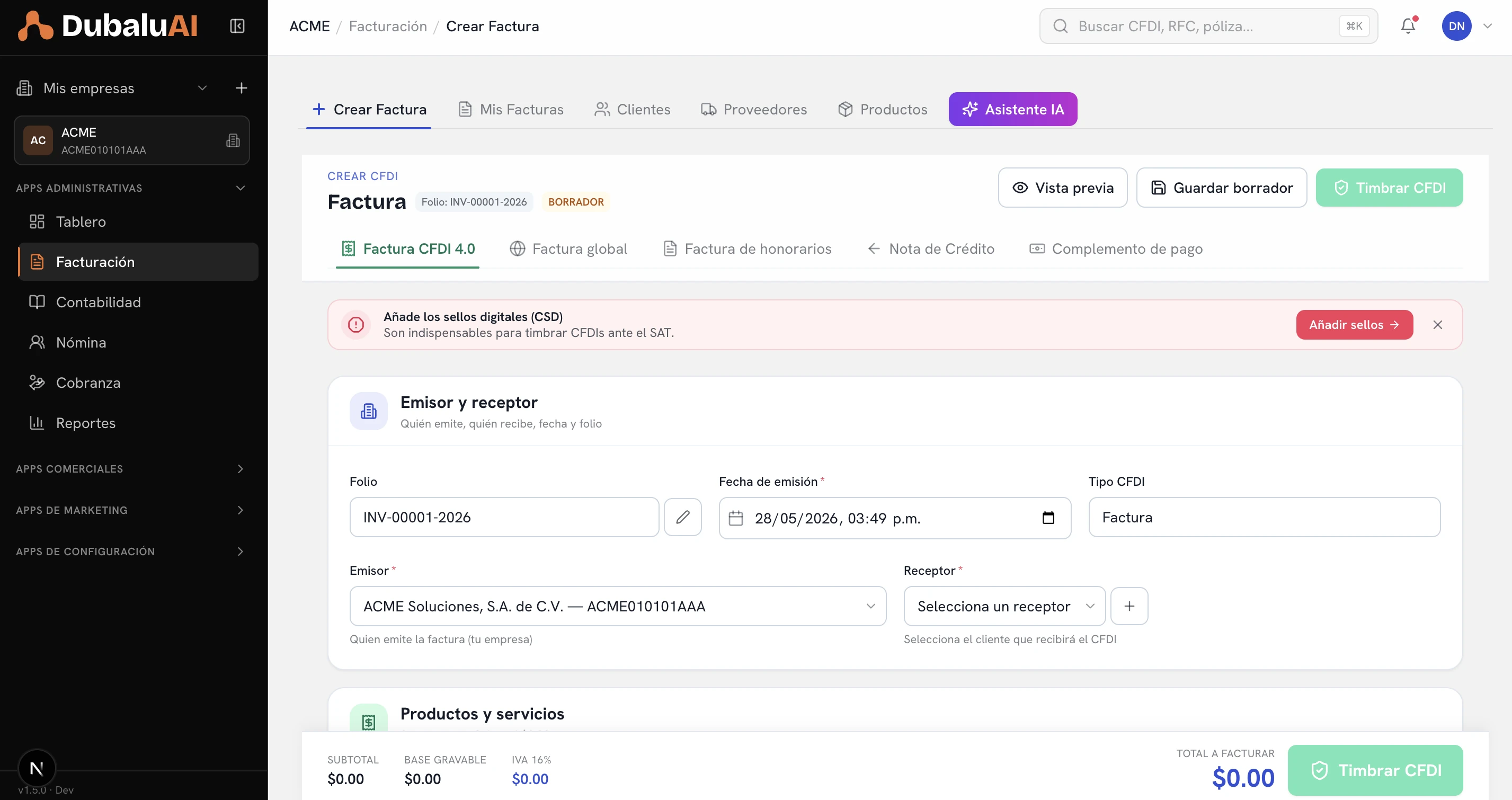Pantalla de emisión de CFDI 4.0 en DubaluAI: datos del receptor, conceptos y timbrado