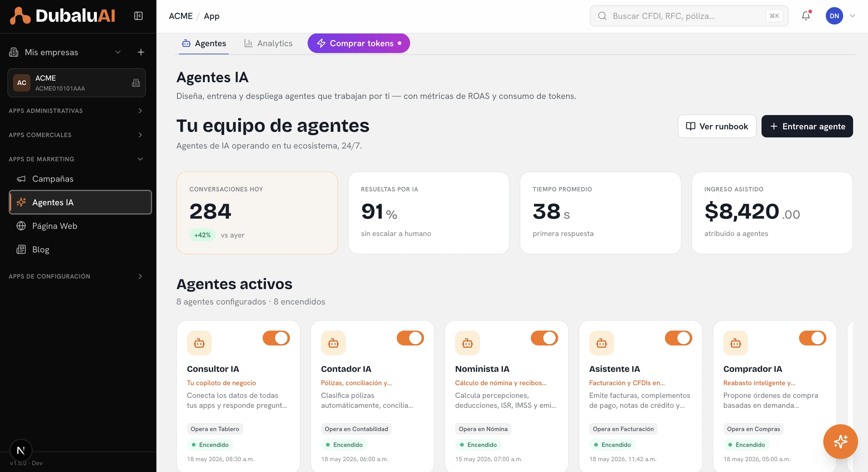 Pantalla principal de Agentes IA en DubaluAI: lista de los 6 agentes especializados y acceso a chat