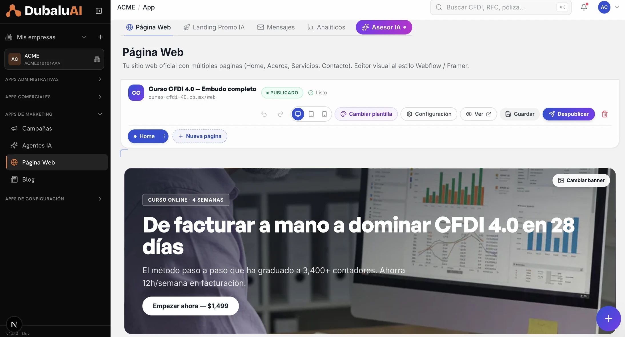 Constructor de página web de DubaluAI: plantillas por vertical, preview en vivo y secciones arrastrables
